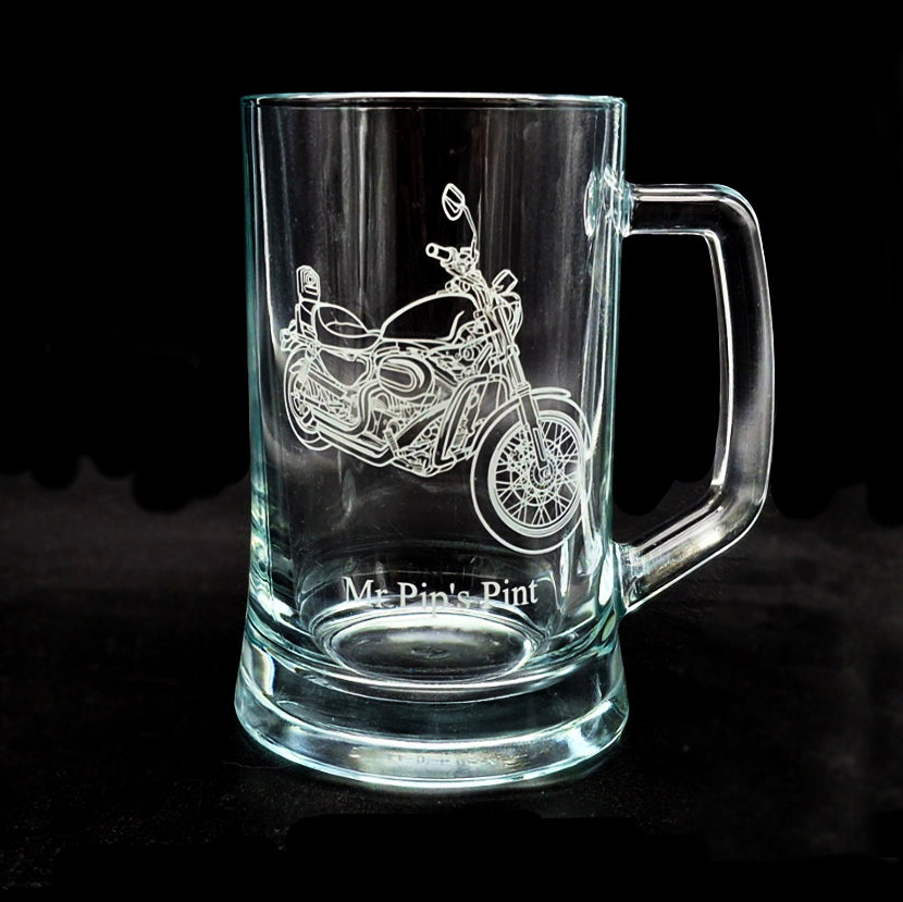 Clear glass mug with HD sportster motorcycle engraving on a black background