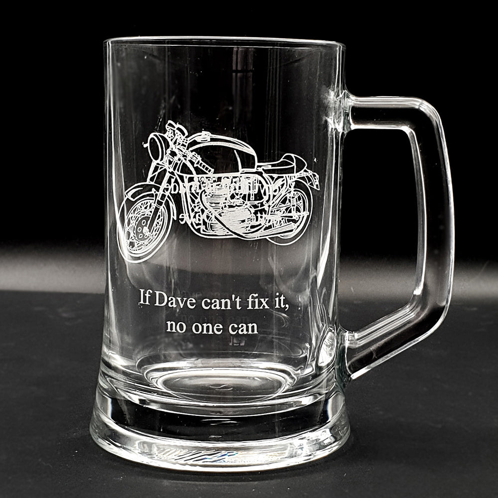 Glass tankard Vintage cafe racer motorcycle with text personalisation beneath.