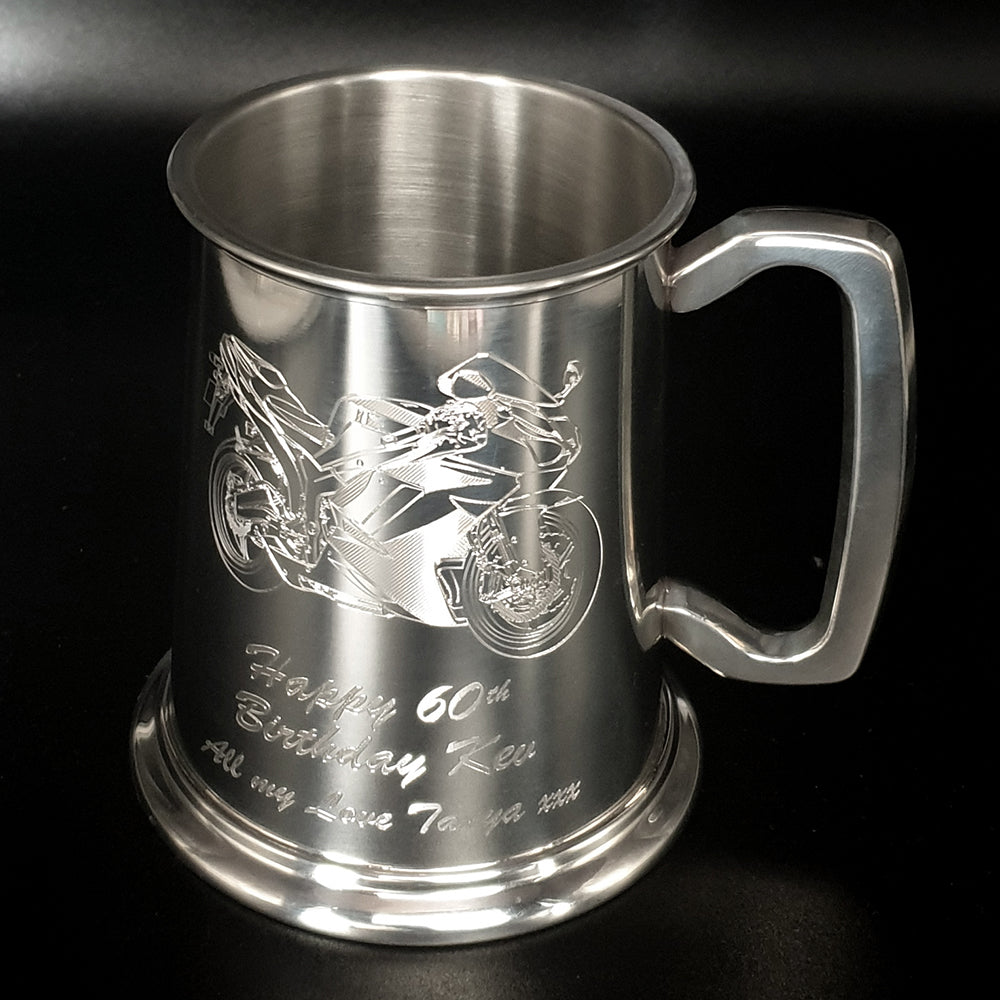 Racing bike pewter tankard with 60th birthday message engraved