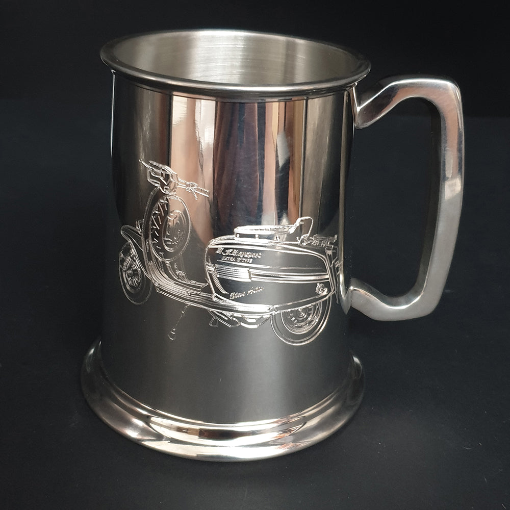 Personalised artwork of a lambretta scooter engraved on a Silver pewter tankard