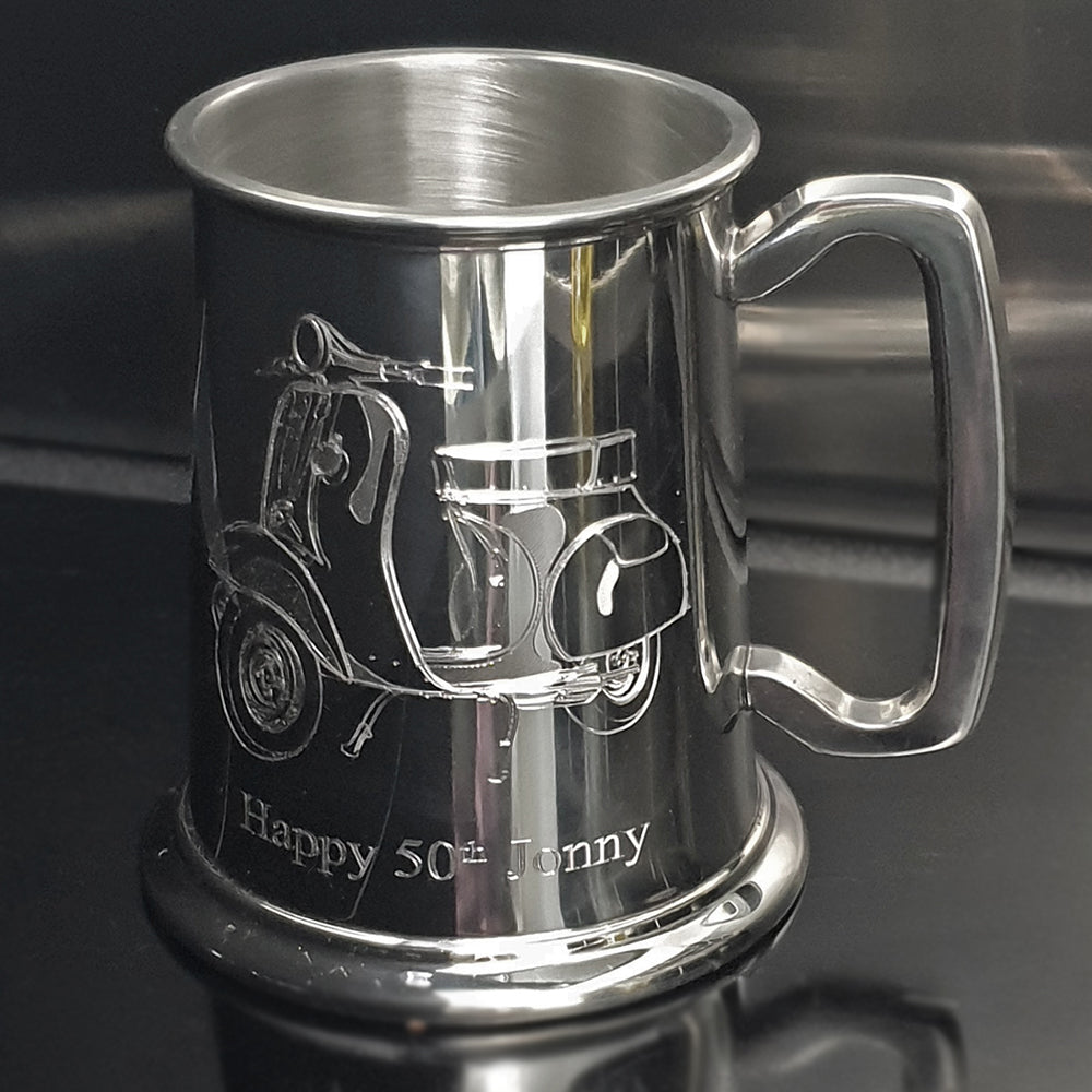 Vespa Scooter engraved on a 50th Birthday tankard.
