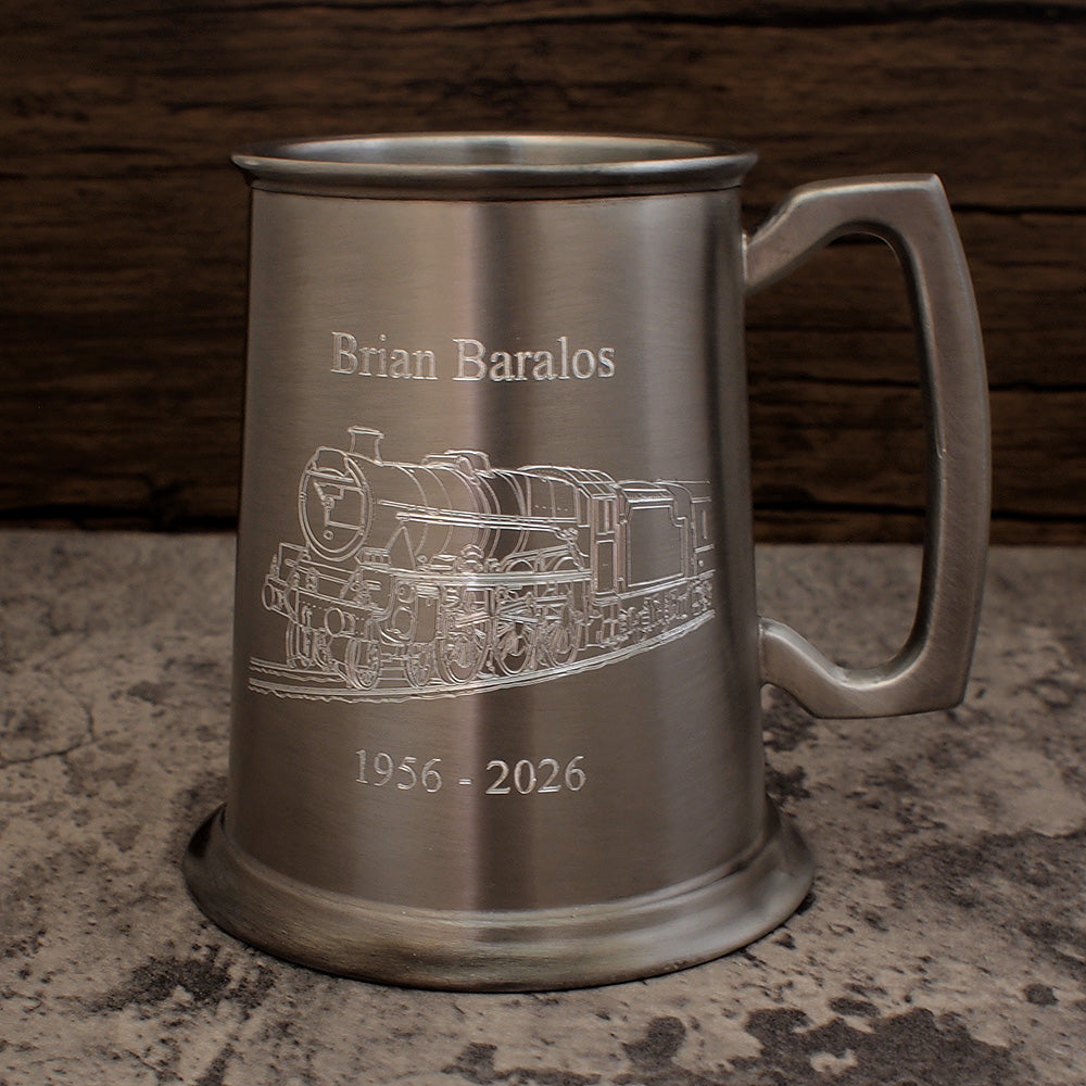 Our Steam train artwork engraved on Antique Pewter Tankard with additional personalisation