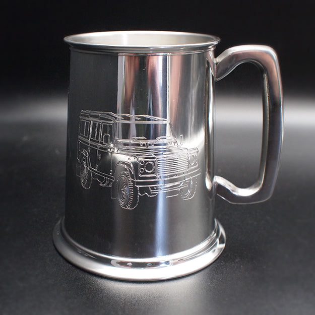 Land rover artwork engraved on a pewter tankard