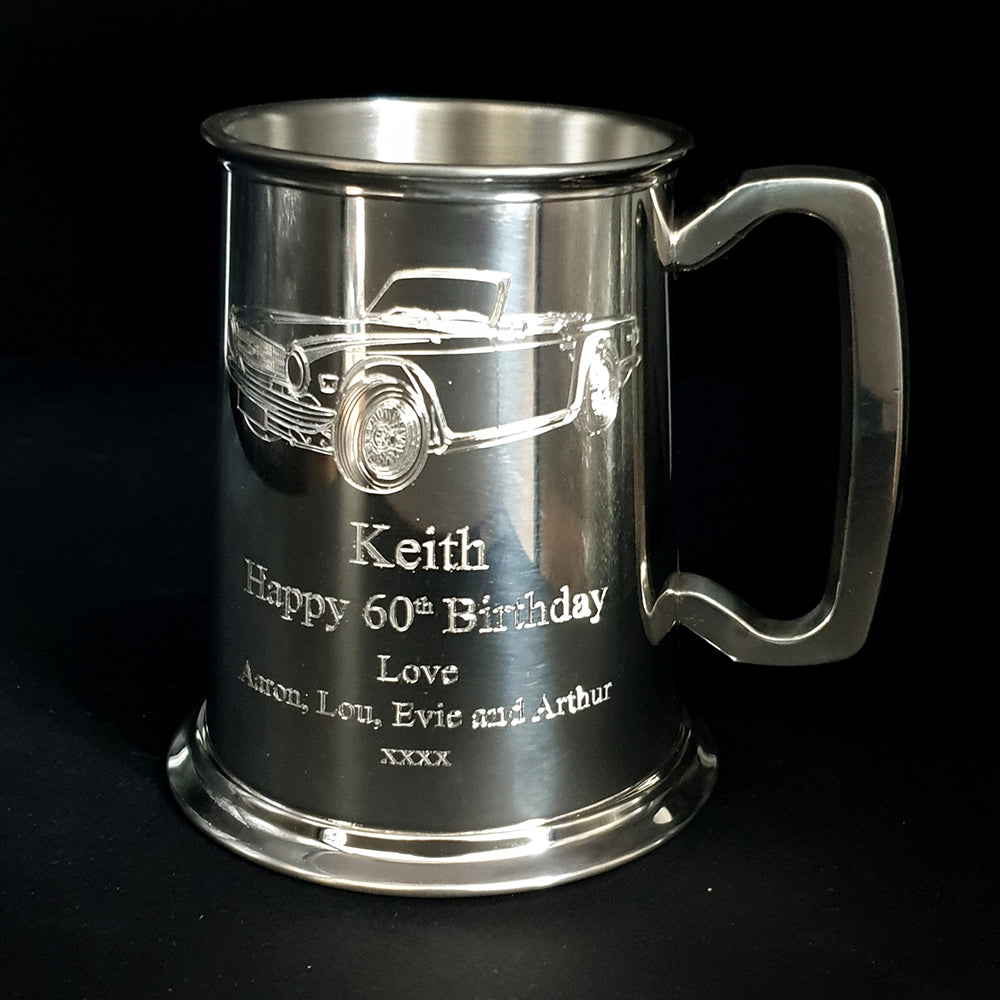 Classic TR6 car engraved on 60th birthday pewter tankard