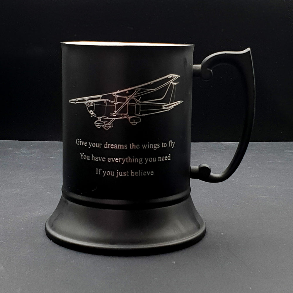 Black Mug with Cessna 172 Artwork engarved with personalsied message below.