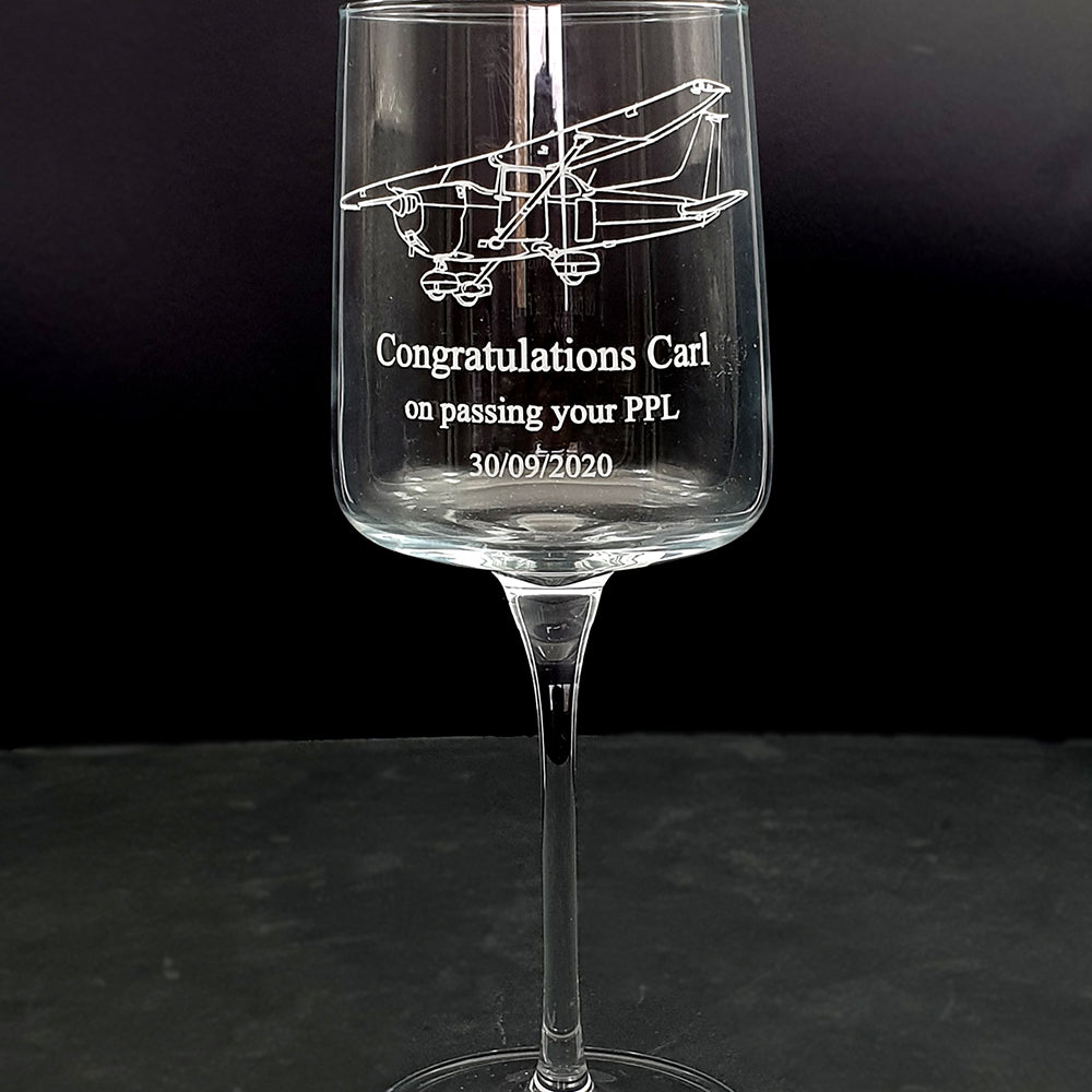 Trophy wine glass with our Cessna 172 artwork and congratulations message engraved below.