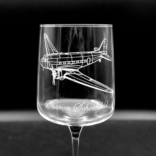 Douglas DC3 aircraft Wine glass with airplane engraving and 'Sharon Schoenfeld' in Edwardian script