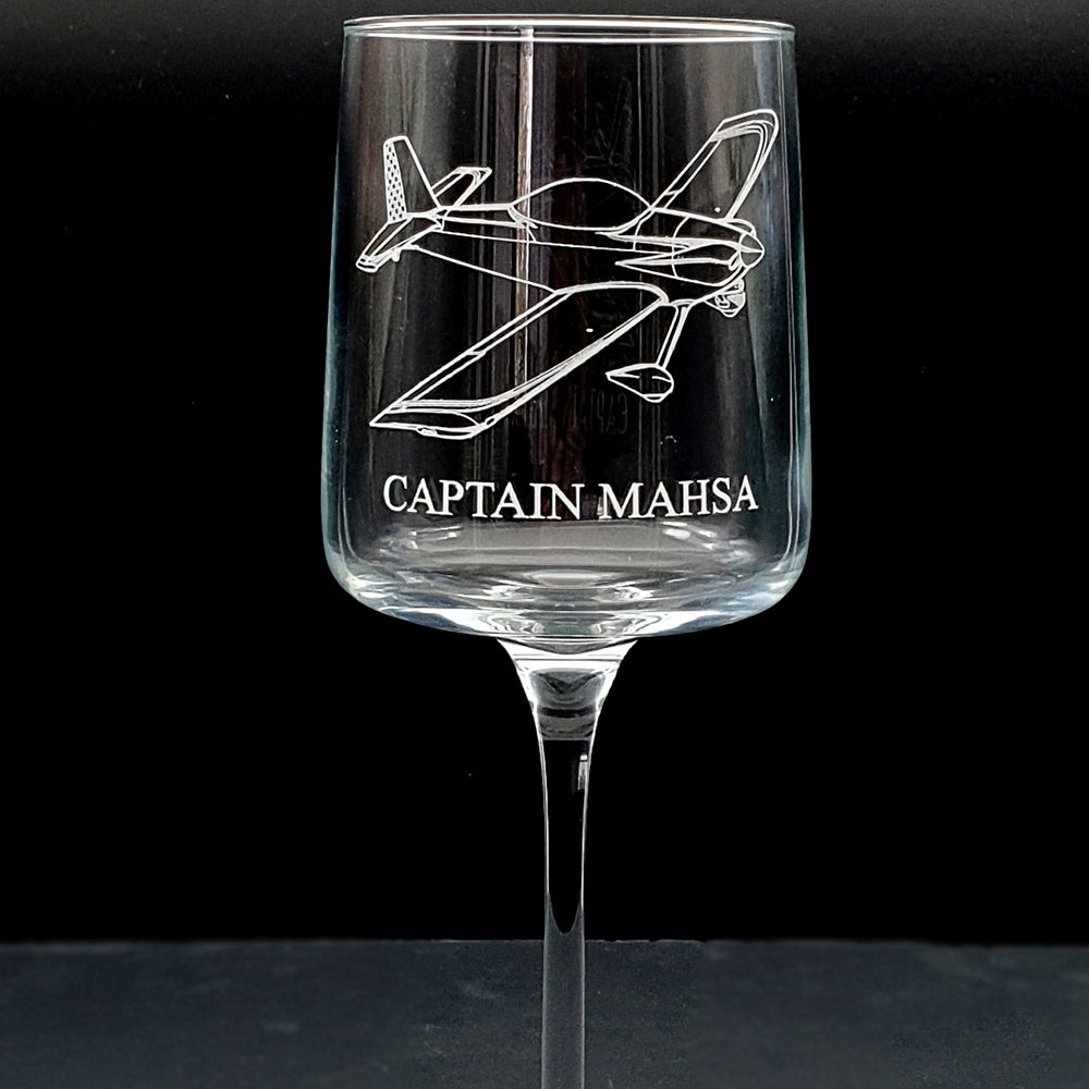 Wine glass with Vans RV4 airplane design and 'Captain Mahsa' text
