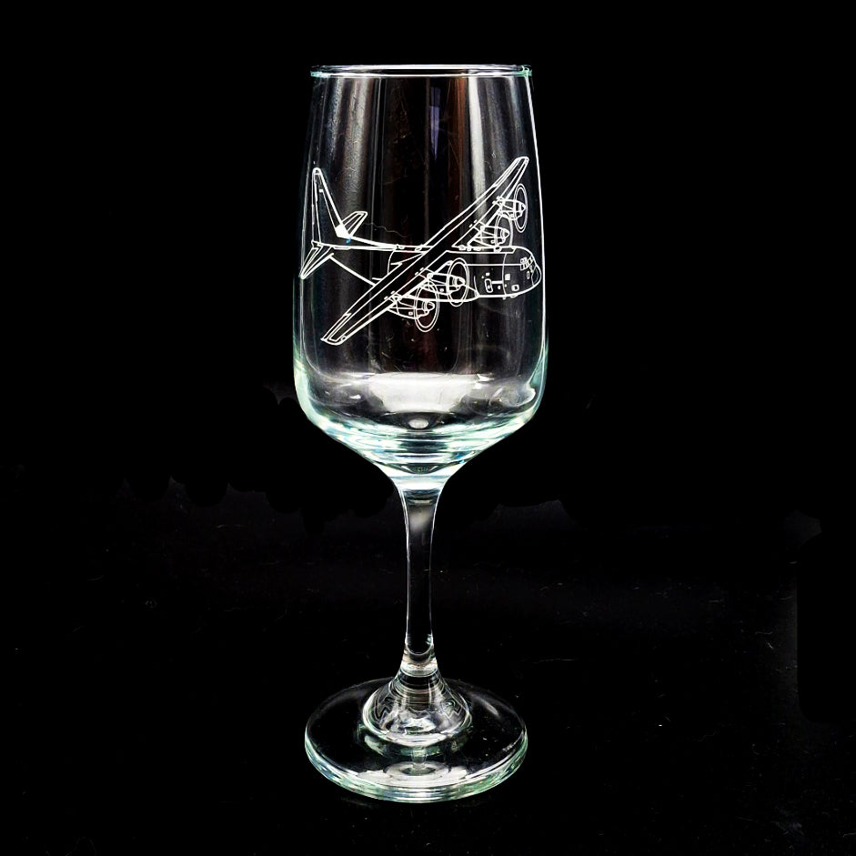 C130 hercules aircraft engraved on a wine glass.