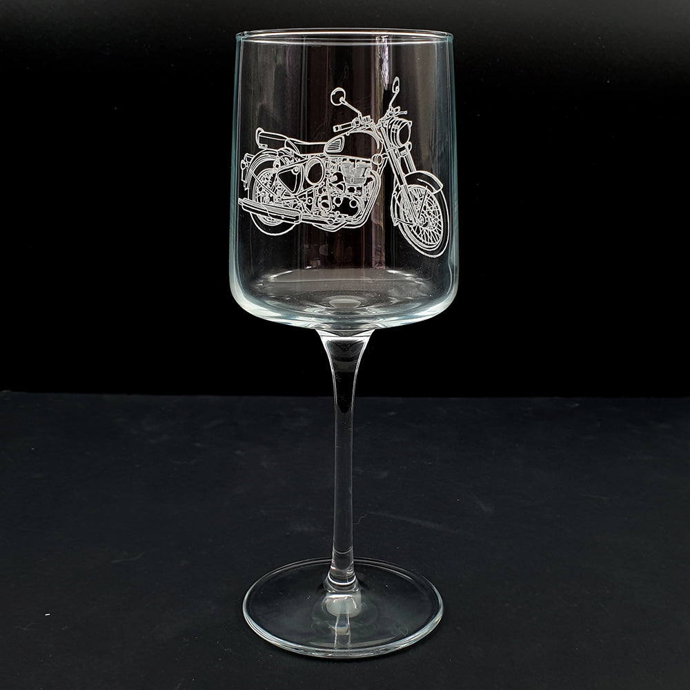 Classic 500 motorcycle artwork engraved on iconic wine glass.