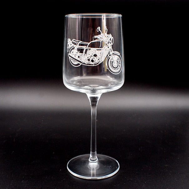 GT750 motorcycle artwork engraved on iconic wine glass.