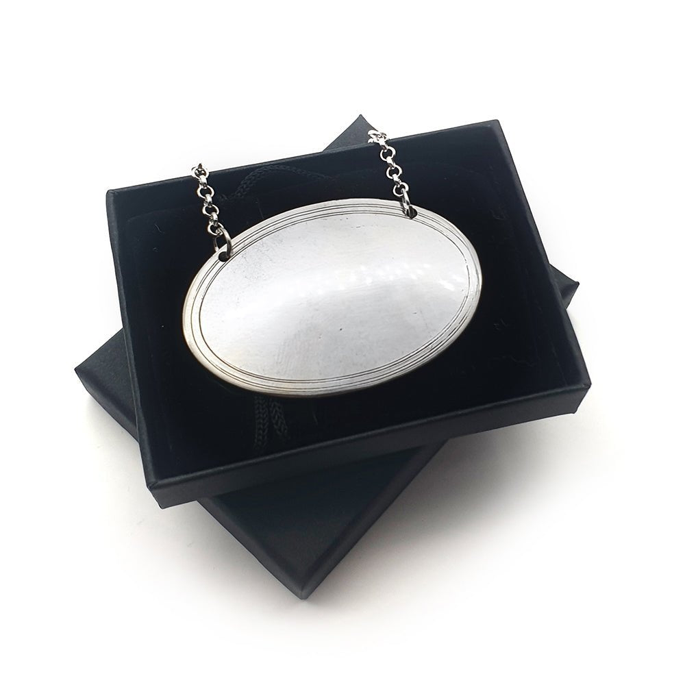 Personalised Handmade Oval Pewter Decanter Wine Bottle Label Tag | Giftware Engraved