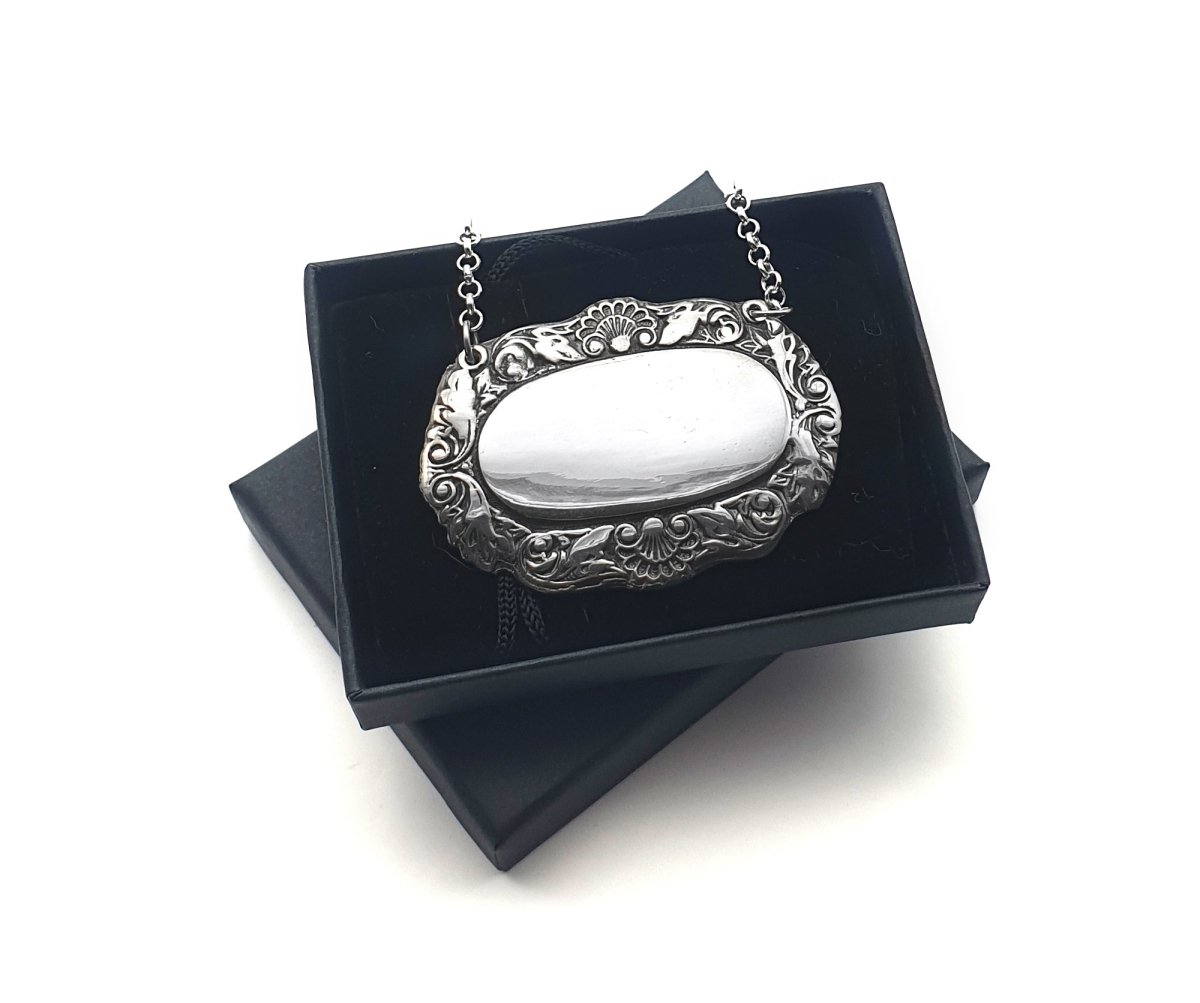 Personalised Handmade Pewter Shell Leaf Decanter Wine Bottle Label Tag | Giftware Engraved