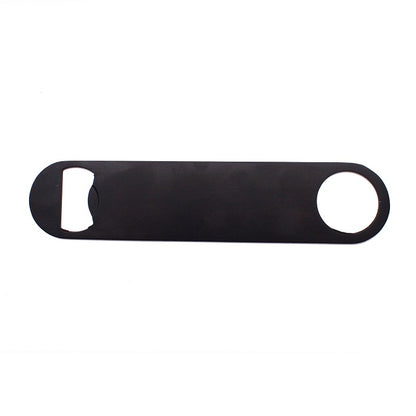 Black metal bartenders bottle opener on a white background