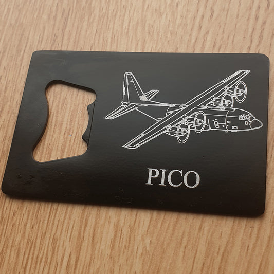 Lockheed C130 Hercules aircraft engraved on black bottle opener with personalisation