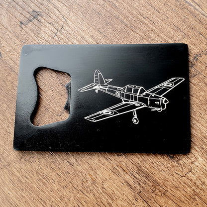 Chipmunk aircraft engraved on black bottle opener