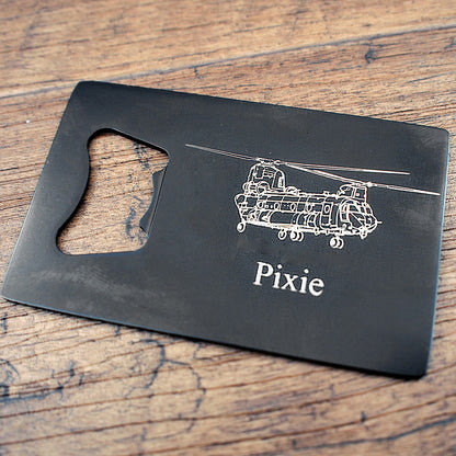 Chinook helicopter artwork engraved on black bottle opener with Pixieengarved below