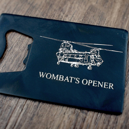 our chinook helicopter artwork on a black bottle opener with Wombats opener engraved below