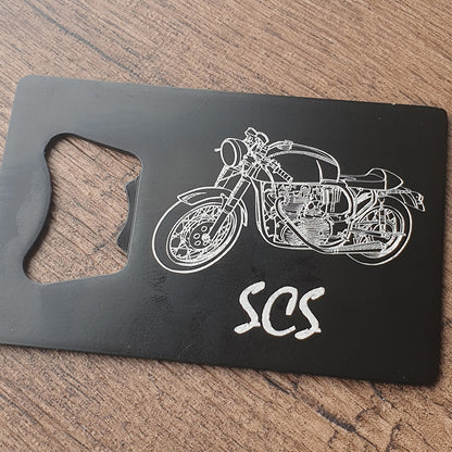 Vintage cafe racer motorcycle design engraved on black bottle opener with engraved initials