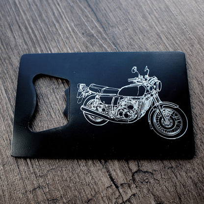 Deign of a GT750 motorcycle engraved on Black bottle Opener