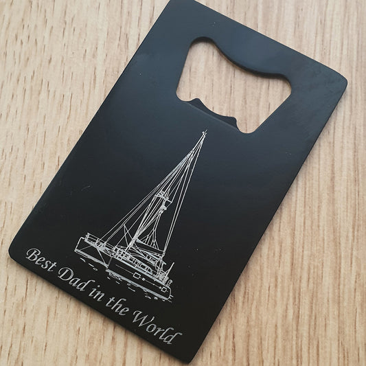 Bottle opener engraved with "Best Dad in the world" and our catamaran design.