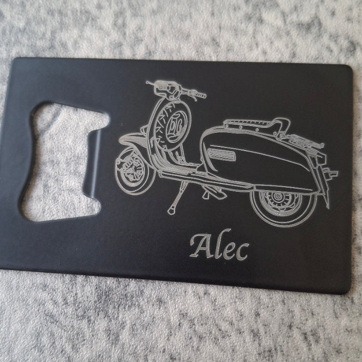 Black Bottle Opener with lamb scooter artwork
