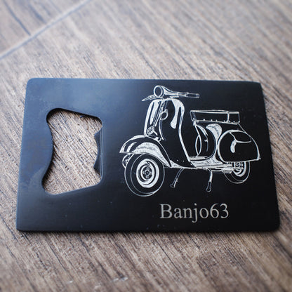 Classic vespa Scooter engraved on Black Bottle Opener with personalisation.