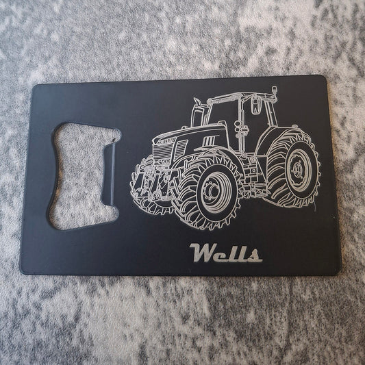 Tractor artwork engraved on Black Bottle Opener with additional personalisation