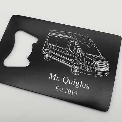 Transit Van design on Personalised Black Bottle Opener on a white background