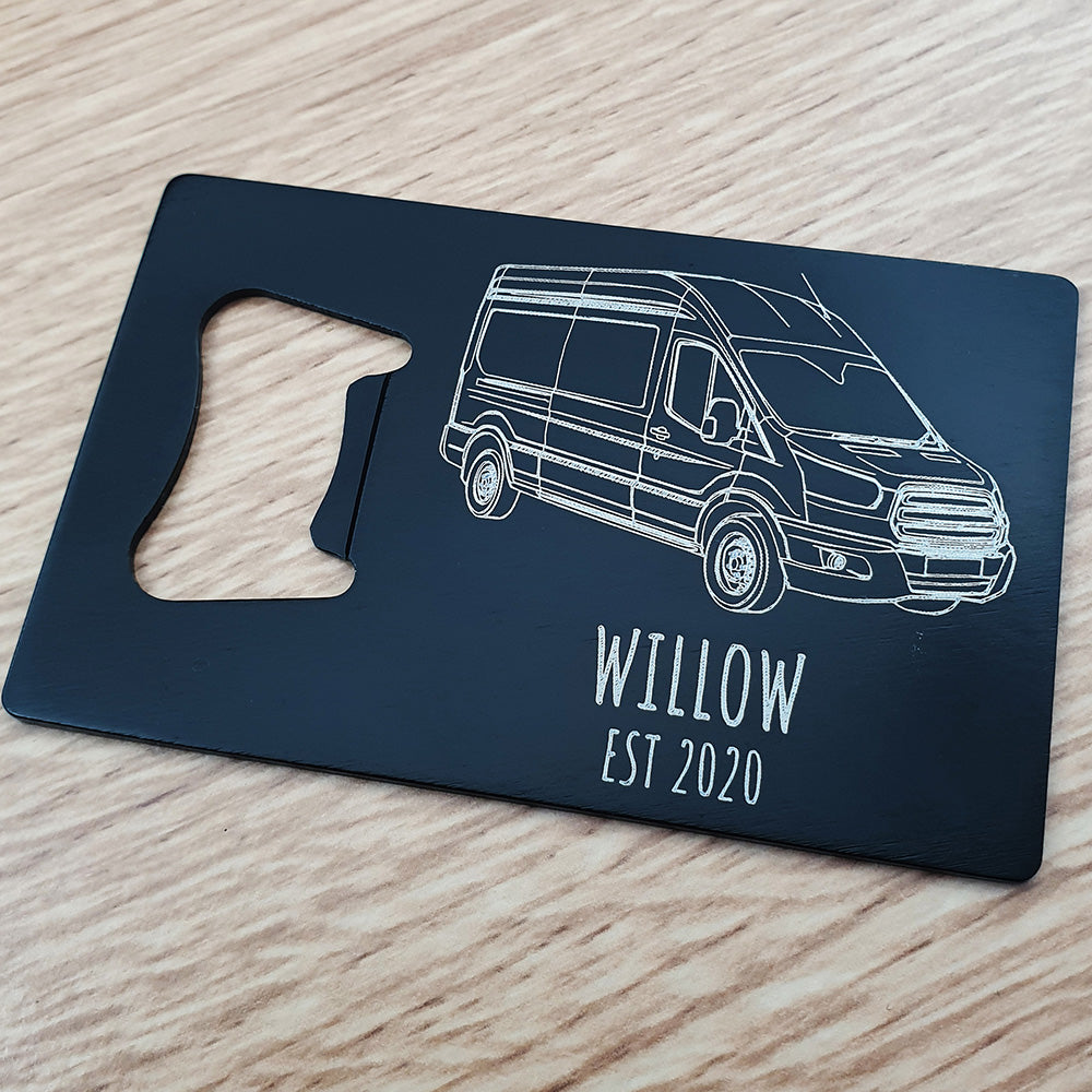 Our Transit Van artwork engraved on black bottle opener with additional engraving below
