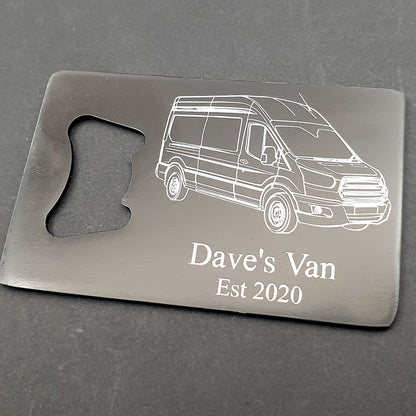 Transit Van artwork on bottle opener with Dave's Van engraved below
