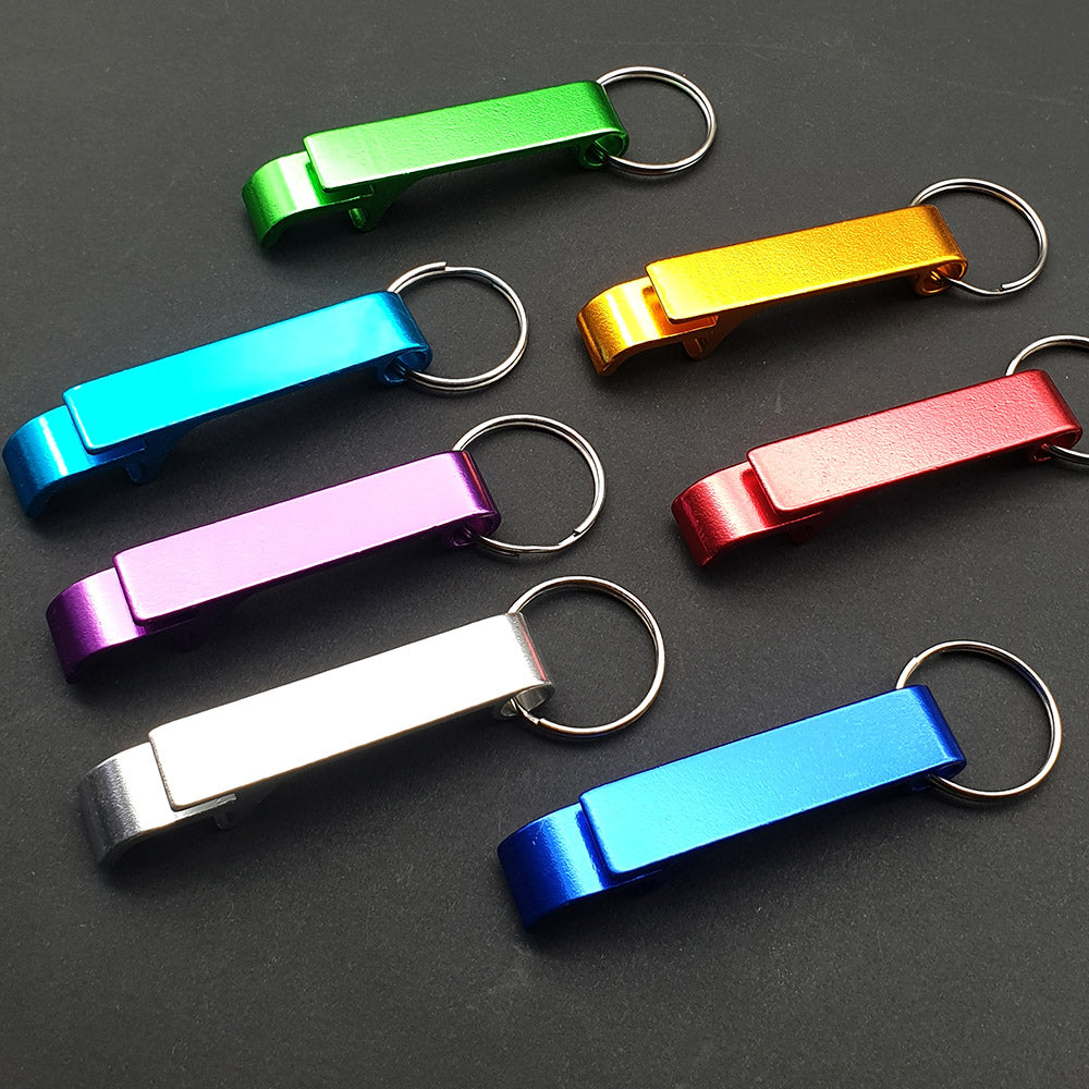 Set of colorful bottle opener keychains on a dark background