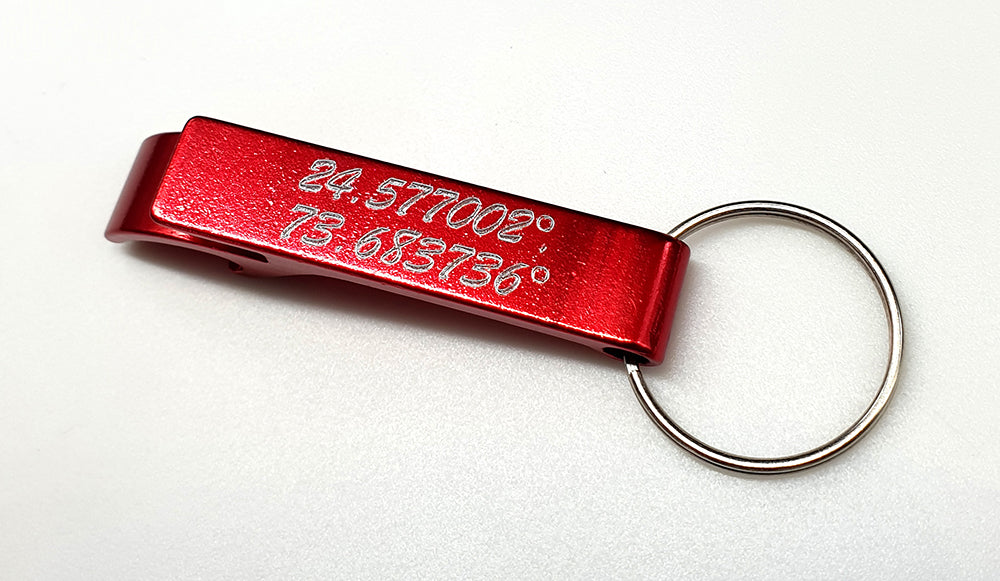 Red Keyring Bottle Opener engraved with special occasion co-ordinates