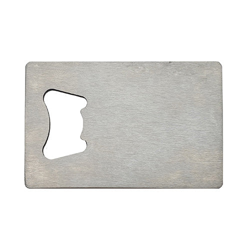 Silver steel credit card sized bottle opener shown from above