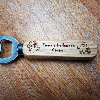 Bottle opener with wooden handle with Halloween Themed Engraving on handle