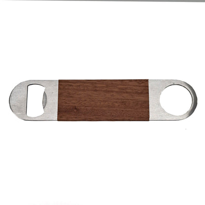 long bartenders bottle opener in silver with wood wrap shown from above