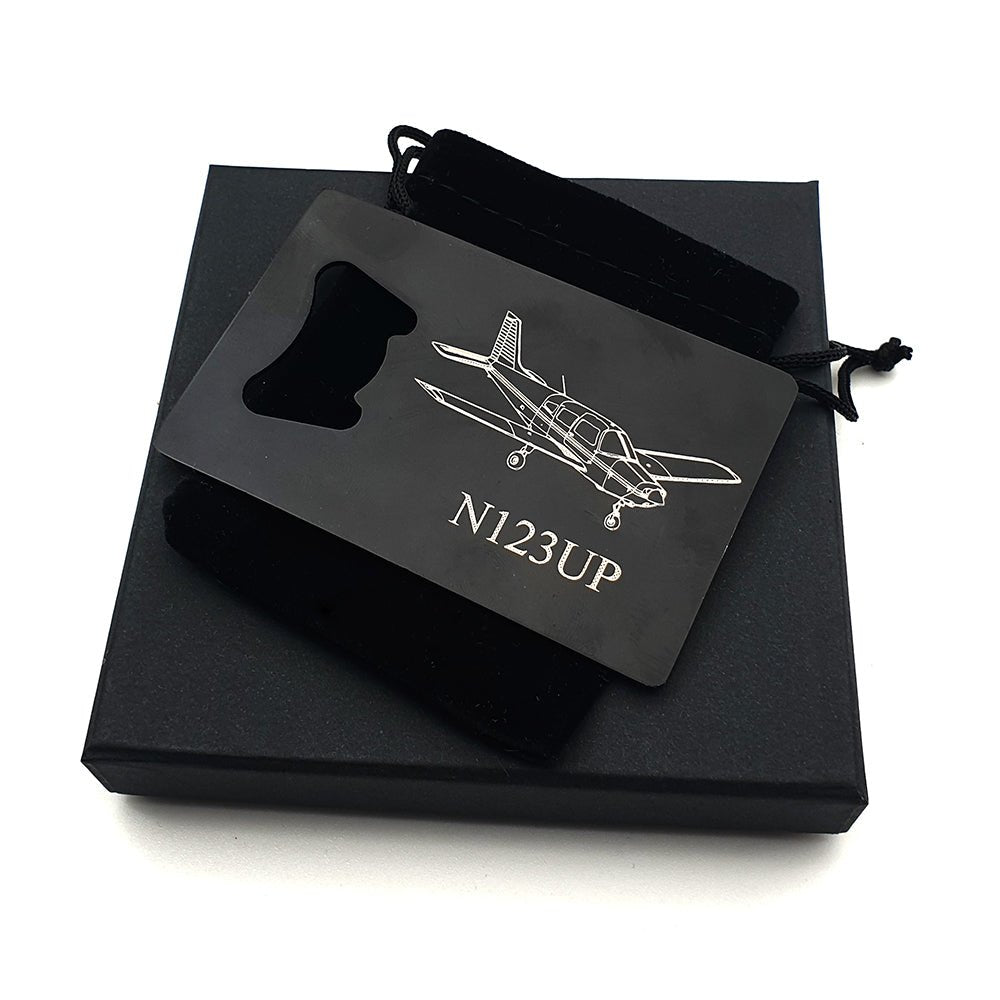Piper PA28 Aircraft Artwork engraved on Black Bottle Opener with velveteen bag and Box | Giftware Engraved 