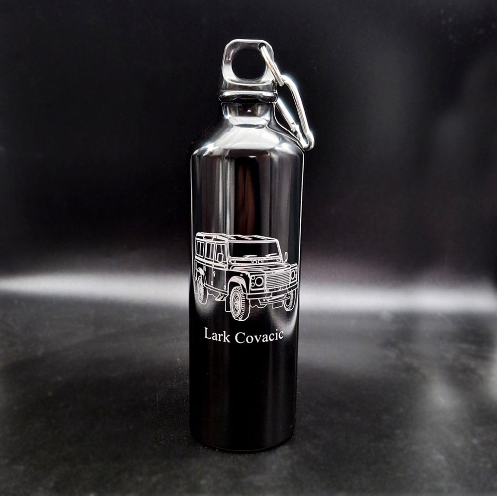 Black sports bottle with clip engraved with land rover artwork and name