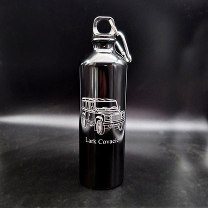 Black sports bottle with clip engraved with land rover artwork and name