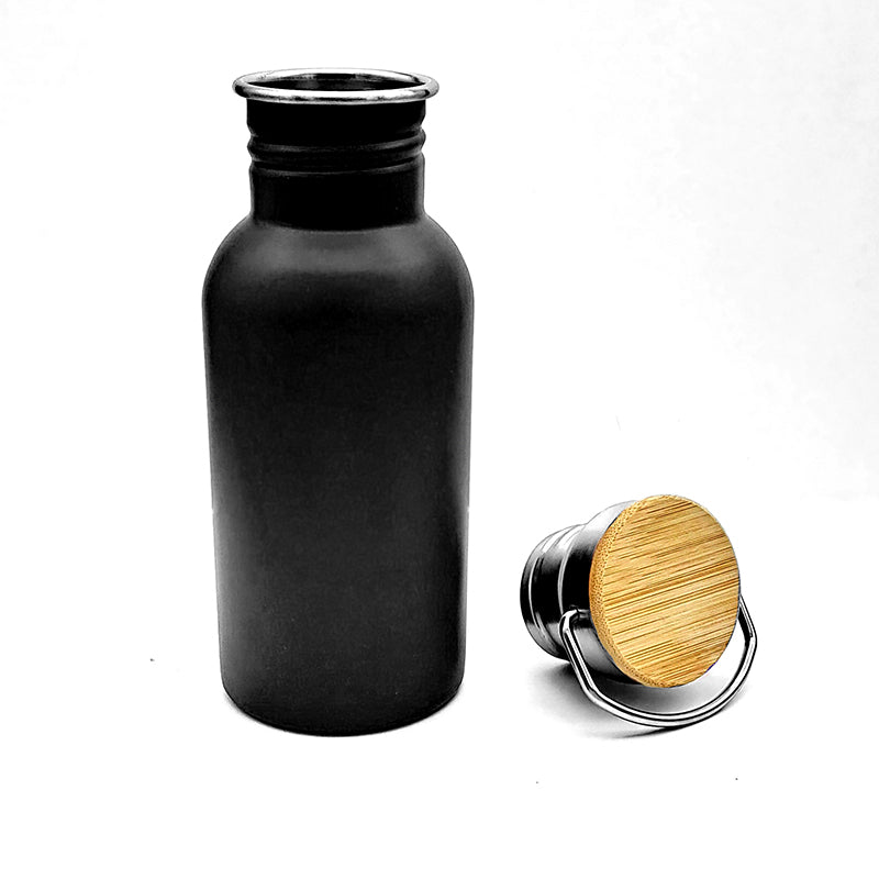 Black steel water bottle with a bamboo cap on a white background