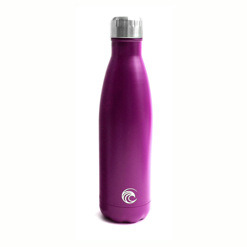 Purple insulated bottle with silver cap on a white background