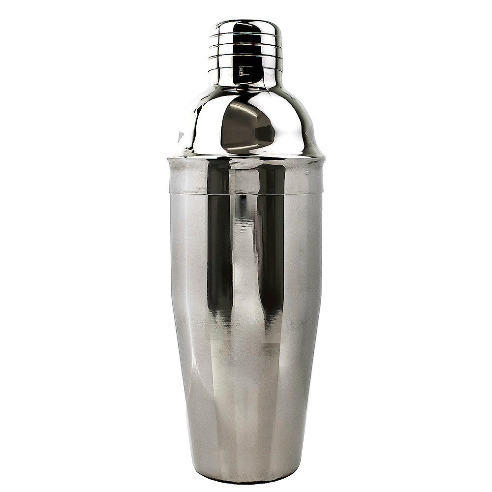 Stainless steel cocktail shaker on a white background