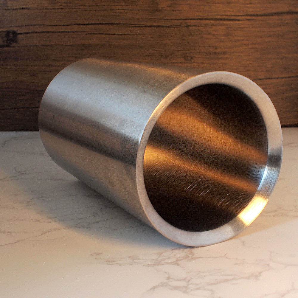 Steel Wine cooler on its side showing the brushed steel inside,