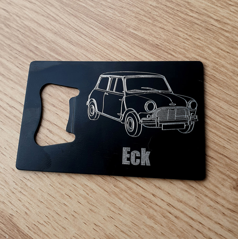 Mini Car Engraved on Black Bottle Opener | Giftware Engraved