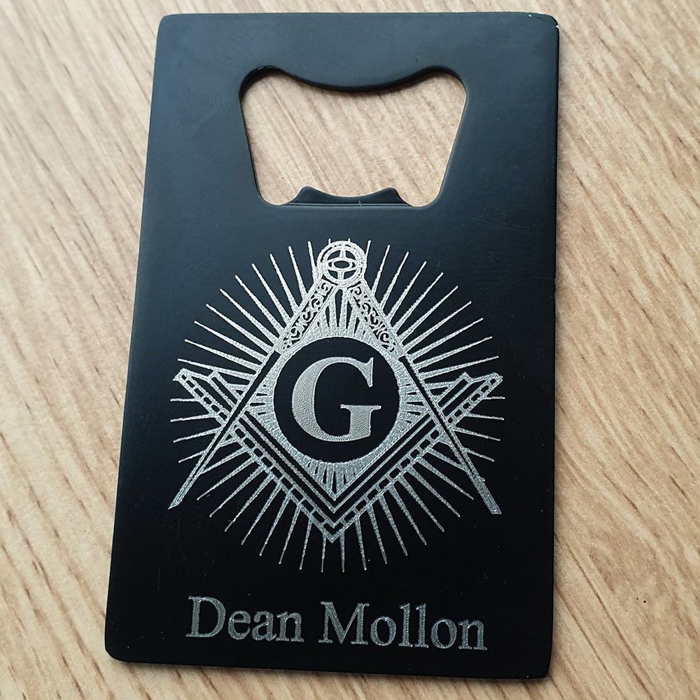 Masonic Starburst Logo Engraved on Black Bottle Opener | Giftware Engraved