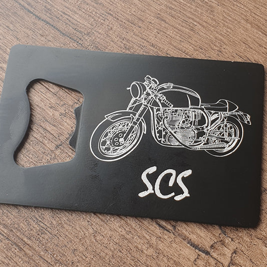 Café Racer artwork on Bottle Opener with Initials engraved beneath | Giftware Engraved