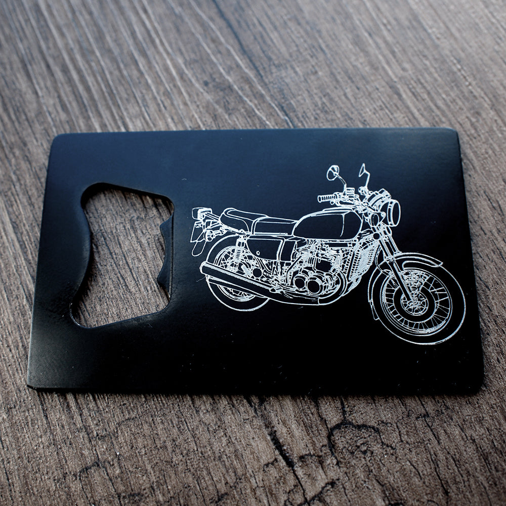 Suz GT750 Artwork Engraved on Black Bottle Opener| Giftware Engraved