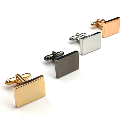 Set of four square cufflinks in gold, silver, and rose gold on a white background