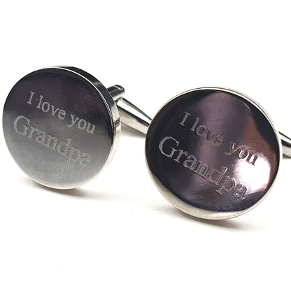 Set of silver cufflinks with I Love You Grandpa engraved in Times New Roman