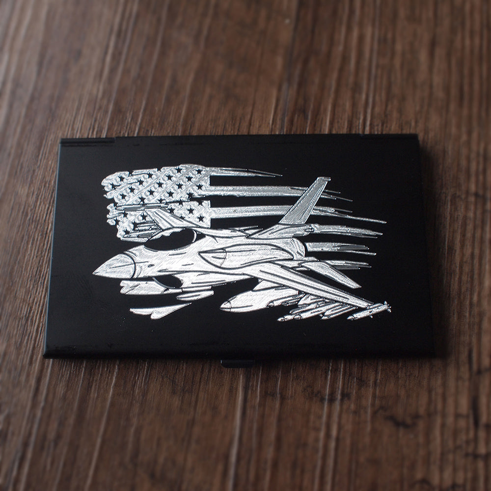 Black card holder with large US military style logo on the front.